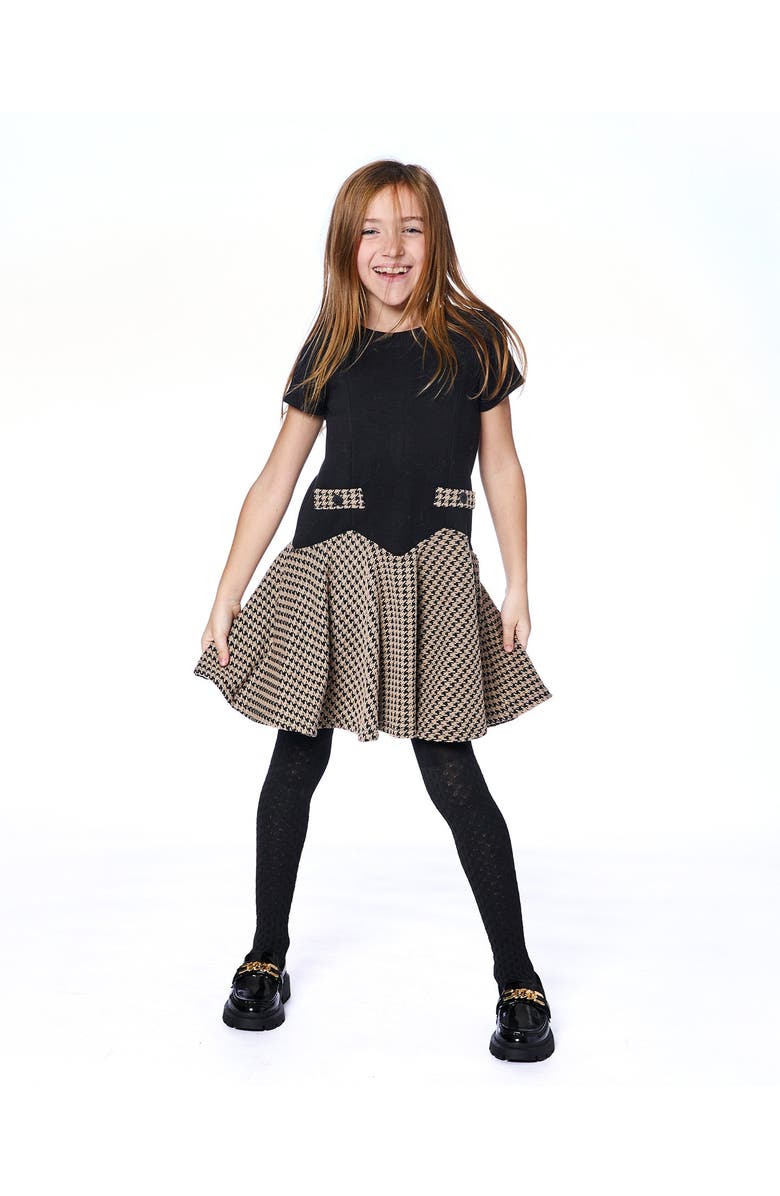 Deux par Deux Short Sleeve Bi-Material Milano and Jacquard Knit Dress, Main, color, Black