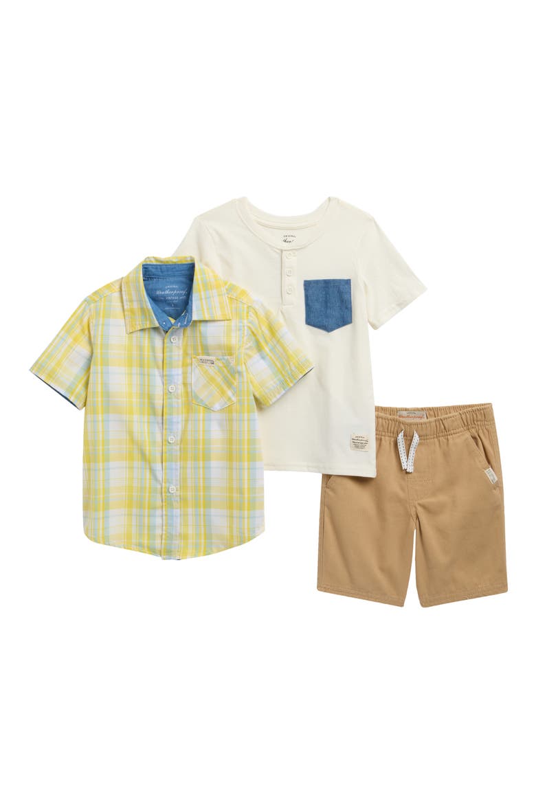 Kids' Button-Up Shirt, Henley Top & Shorts Set, Main, color, KHAKI