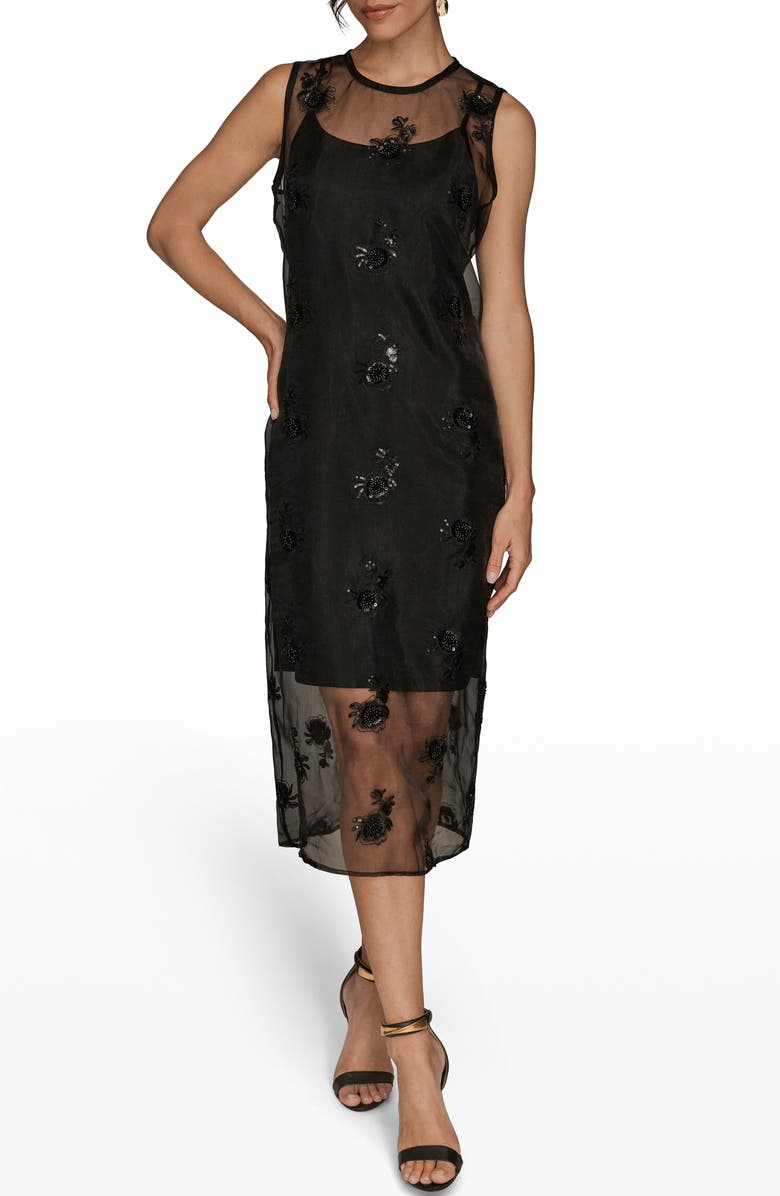 Donna Karan New York Sequin Embroidered Sleeveless Midi Dress, Main, color, Black