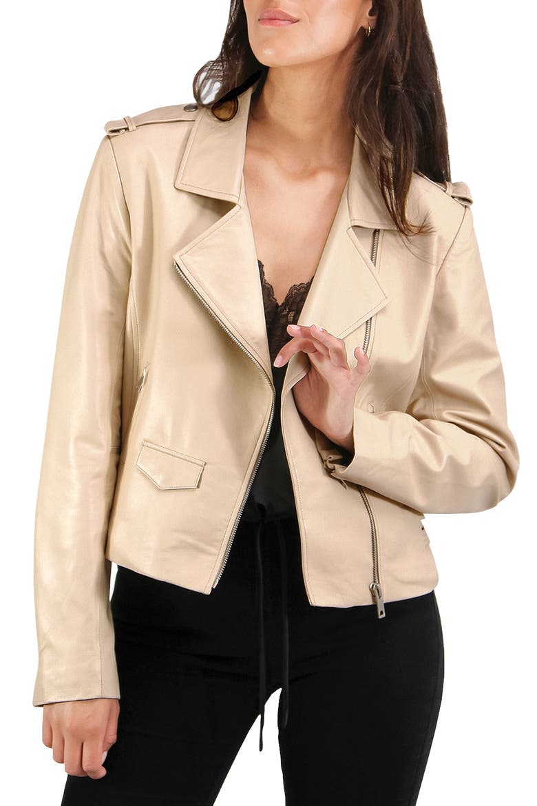 Just Friends Leather Crop Moto Jacket, Main, color, SAND