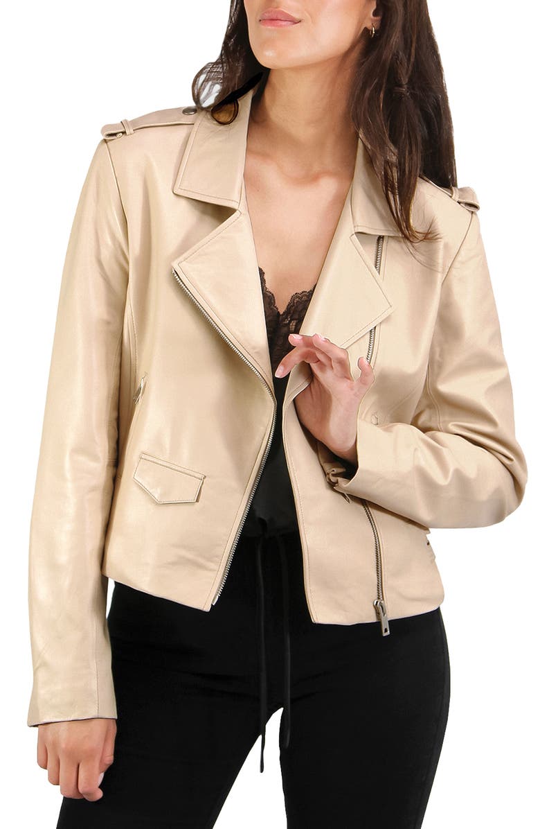 Belle & Bloom Just Friends Leather Crop Moto Jacket, Main, color, Sand