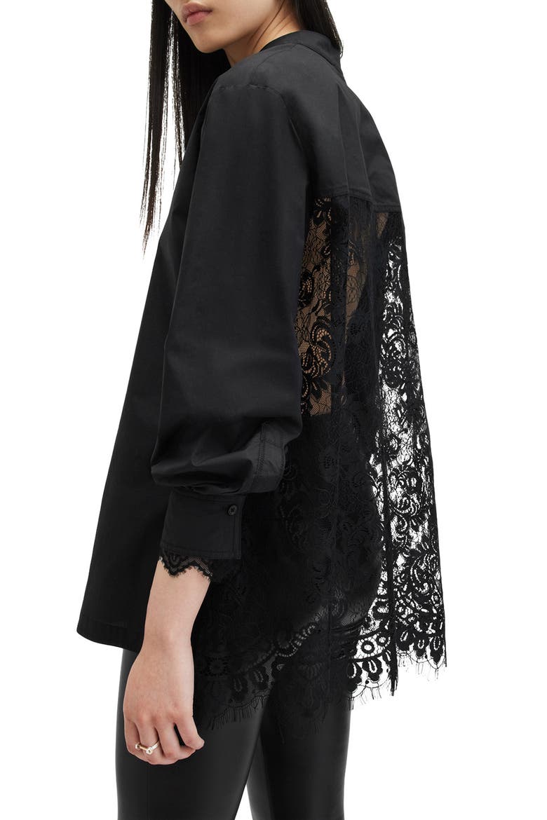 Ethel Lace Trim Long Sleeve Woven Shirt, Alternate, color, BLACK