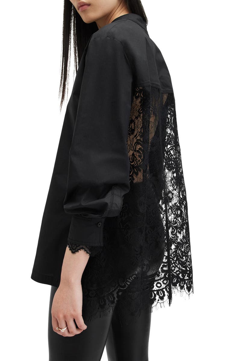 AllSaints Ethel Lace Trim Long Sleeve Woven Shirt, Alternate, color, Black
