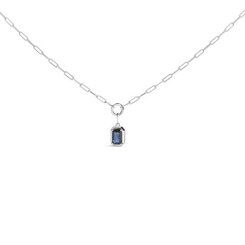 10K White Gold Emerald Cut 6x4 MM Blue Sapphire Solitaire Pendant Necklace