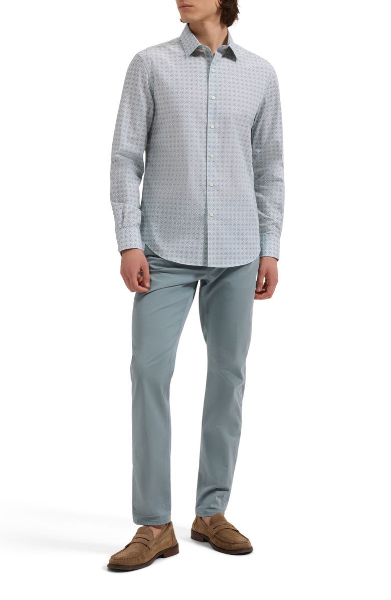 Bugatchi Julian Shaped Fit Quatrefoil Print Stretch Cotton Button-Up Shirt, Alternate, color, Seafoam