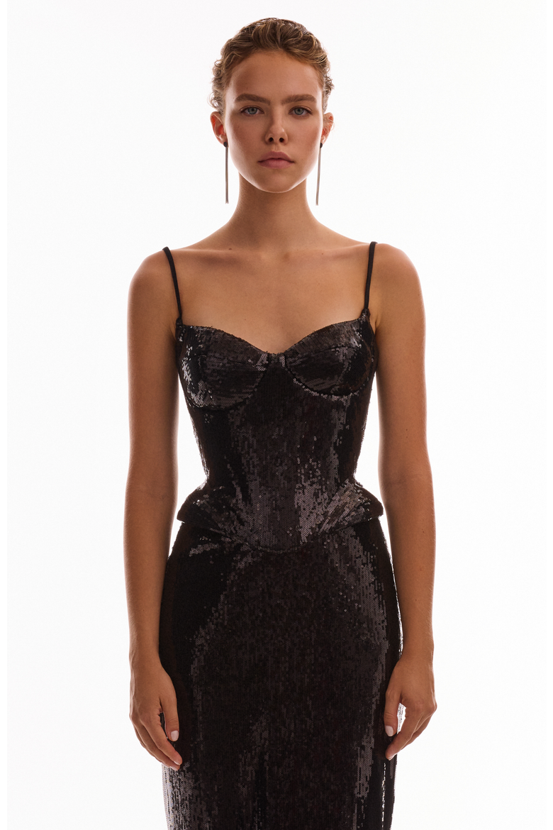 Fitted Hourglass Spaghetti Strap Sequined Corset for Cocktail Events, Main, color, Black