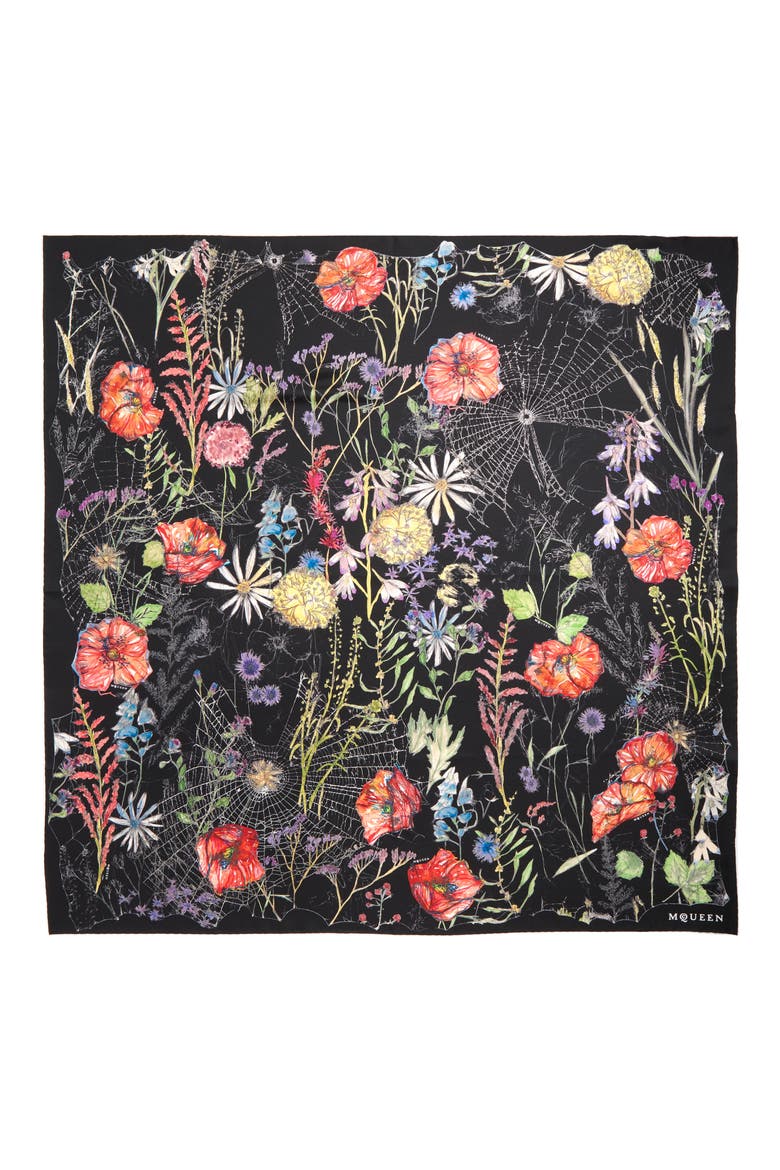 Spider Floral Silk Twill Square Scarf, Main, color, BLACK/ IVORY