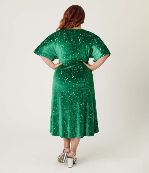 Unique Vintage Plus Size Velvet Tie Wrap Surplice Midi Dress In Green