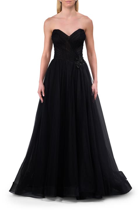 Strapless A-line Tulle Dress with Floral Waist Detail