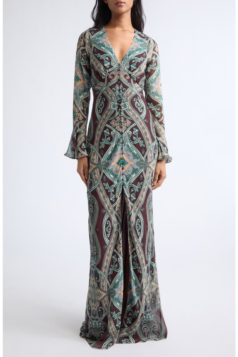 Daciana Long Sleeve Silk Dress, Main, color, RAISIN MULTI