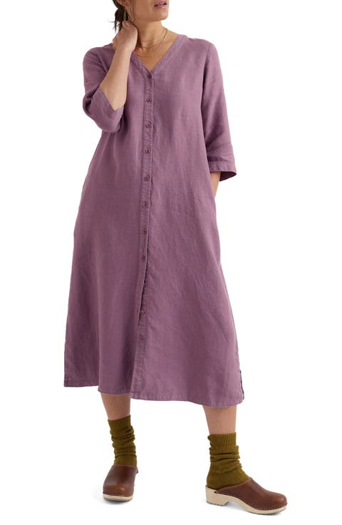 Word Posey Linen Button-Up Dress