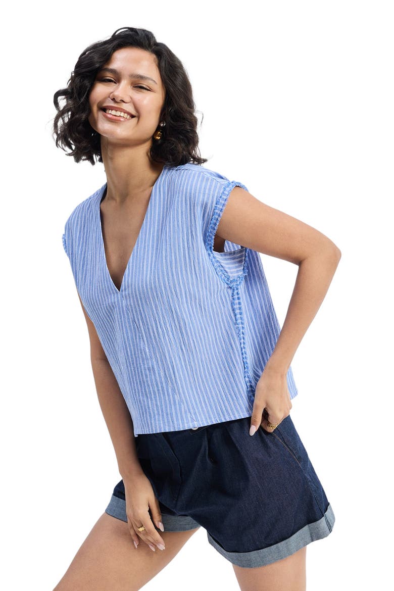 Boxy V-neck Top in Blue Stripes, Alternate, color, Blue Stripes