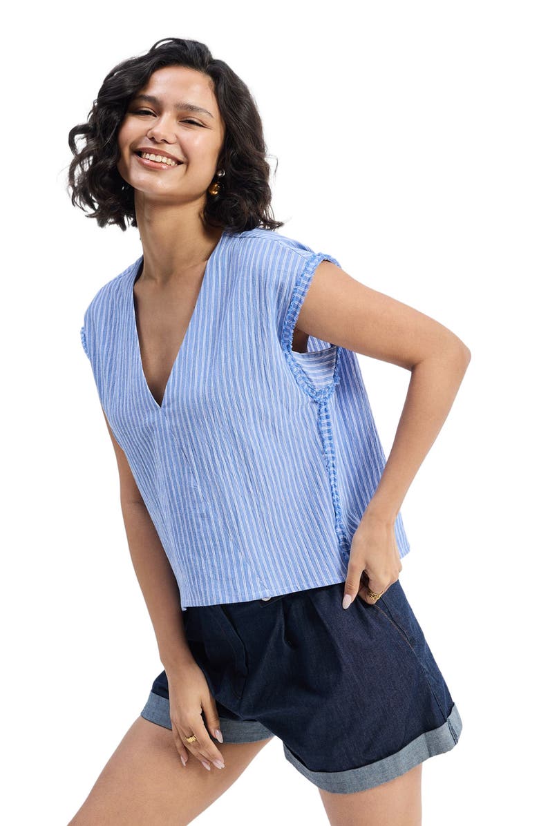 Reistor Boxy V-neck Top in Blue Stripes, Alternate, color, Blue Stripes