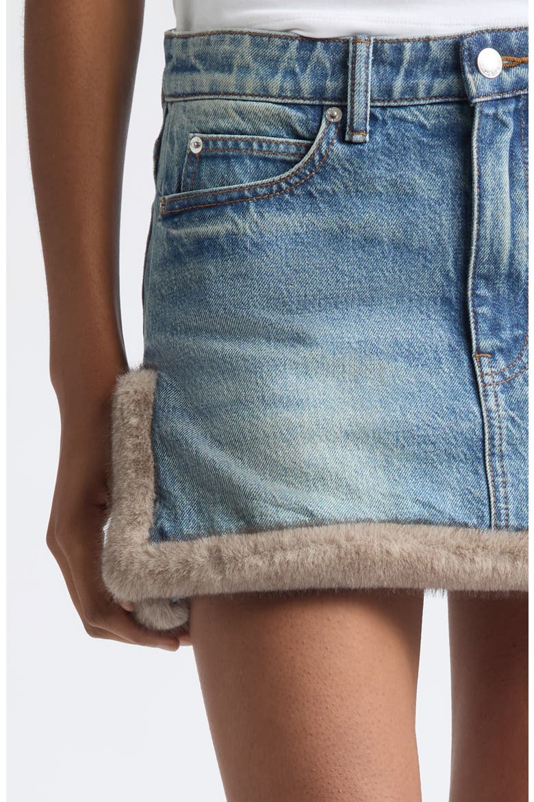 Faux Fur Trim Denim Miniskirt, Alternate, color, TINTED MEDIUM INDIGO