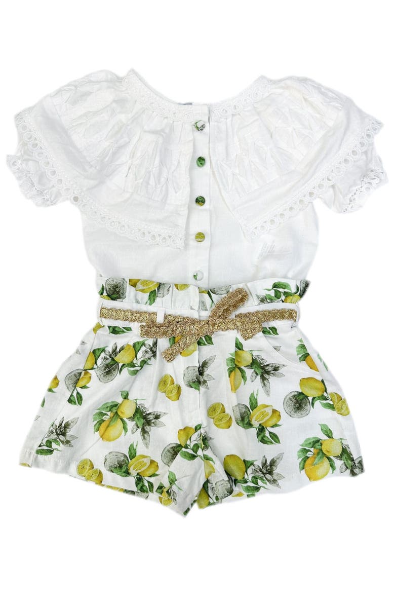 Petite Maison Kids Amalfi Lemon Print Linen Blouse and Shorts Set, Main, color, White With Lemon Design