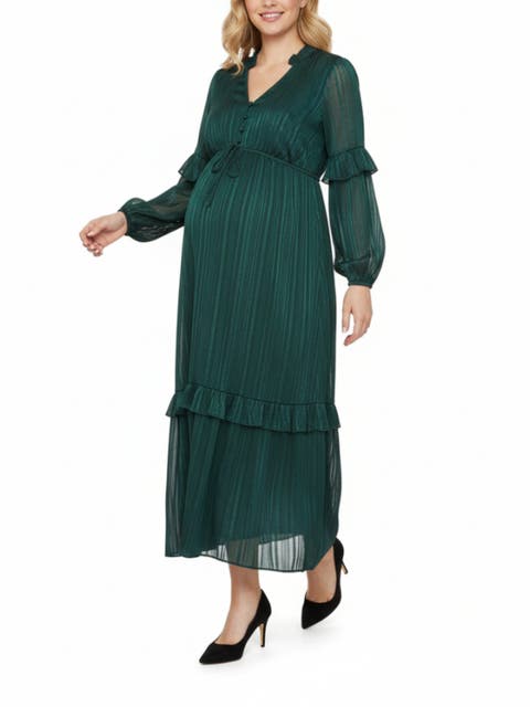 V-Neck Long Sleeve Tiered Maxi Dress