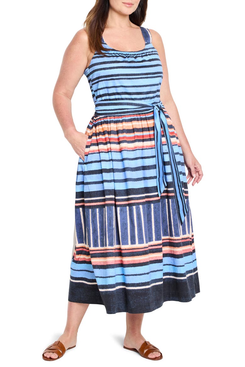 Sophie Painted Peninsula Mixed Stripe Stretch Cotton Midi Dress, Main, color, BLUE MULTI