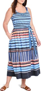 NIC+ZOE Sophie Painted Peninsula Mixed Stripe Stretch Cotton Midi Dress