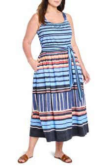 NIC+ZOE Sophie Painted Peninsula Mixed Stripe Stretch Cotton Midi Dress