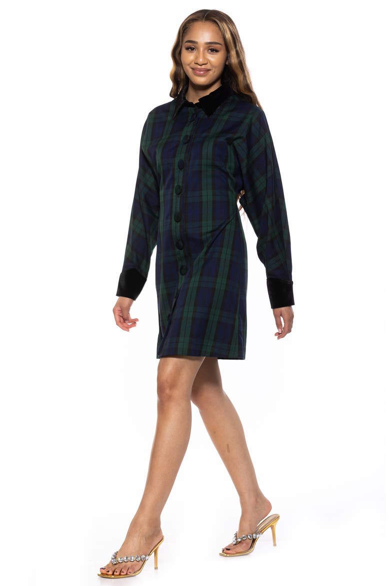 Velvet Trim Long Sleeve Shirtdress, Alternate, color, GREEN PLAID