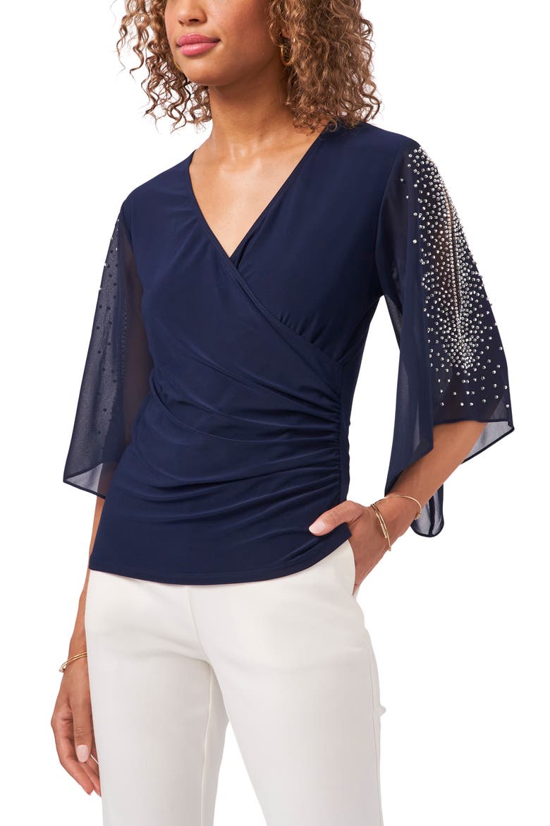 Embellished Split Sleeve Surplice Blouse, Main, color, NAVY 410
