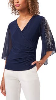 Chaus Embellished Split Sleeve Surplice Blouse