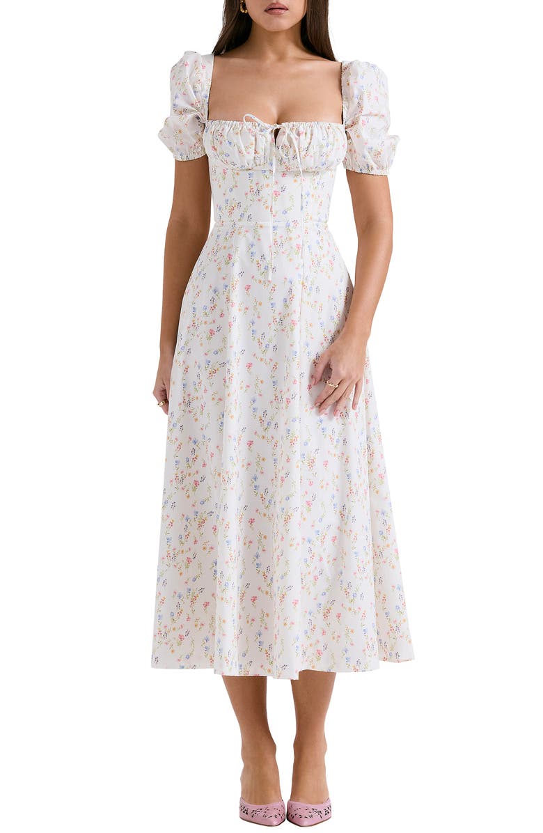 HOUSE OF CB Tallulah Puff Sleeve Midi Dress, Main, color, White/ Pink Floral Print