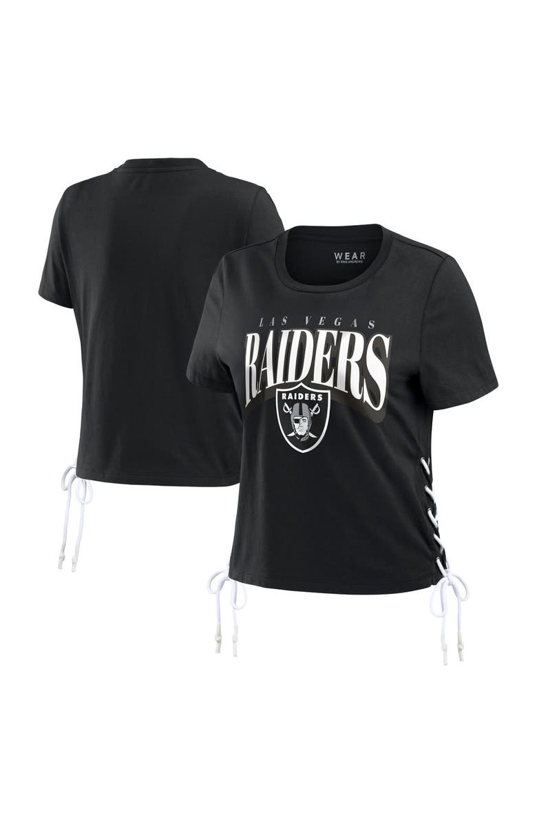 WEAR by Erin Andrews Women's WEAR by Erin Andrews Black Las Vegas Raiders Lace Up Side Modest Cropped T-Shirt, Main, color,