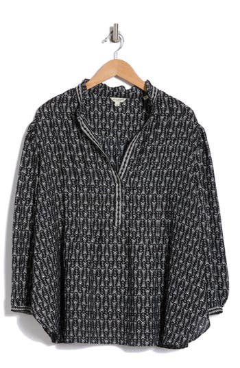 Max Studio Split Neck Long Sleeve Top In Black Cotton Floral