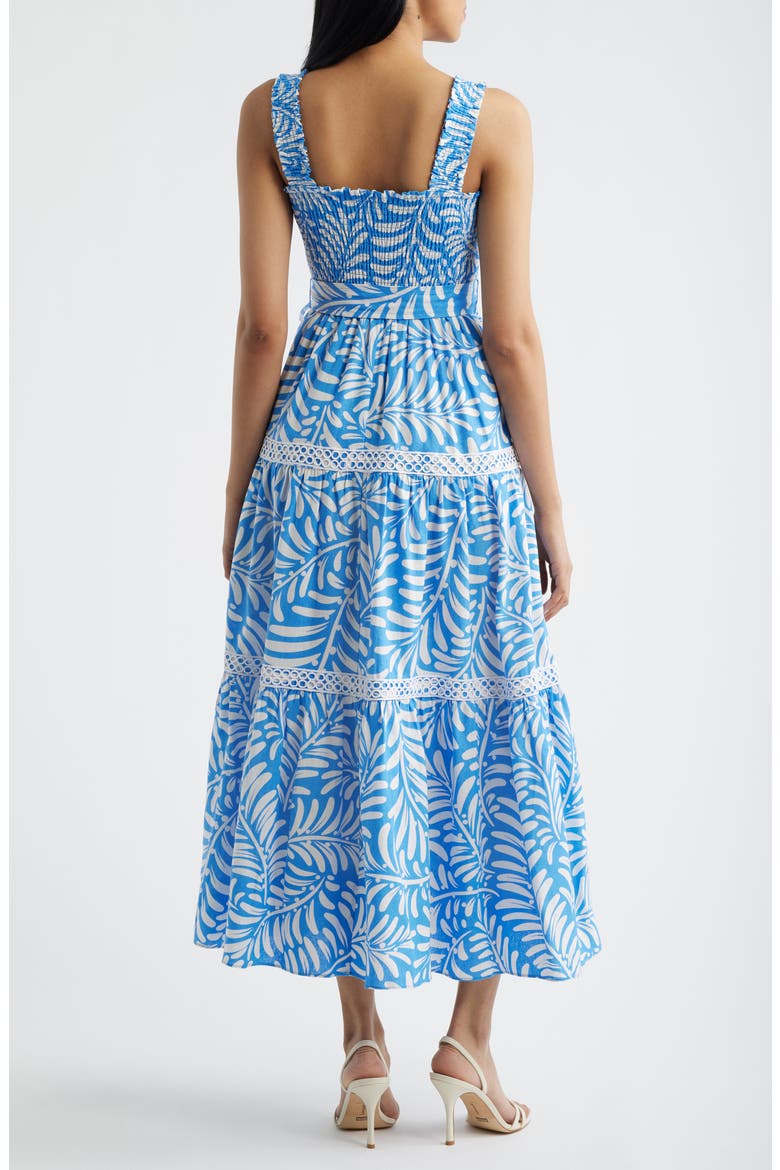 Floral Print Linen Blend Midi Dress, Alternate, color, SEAPORT/ CRISPT WHITE