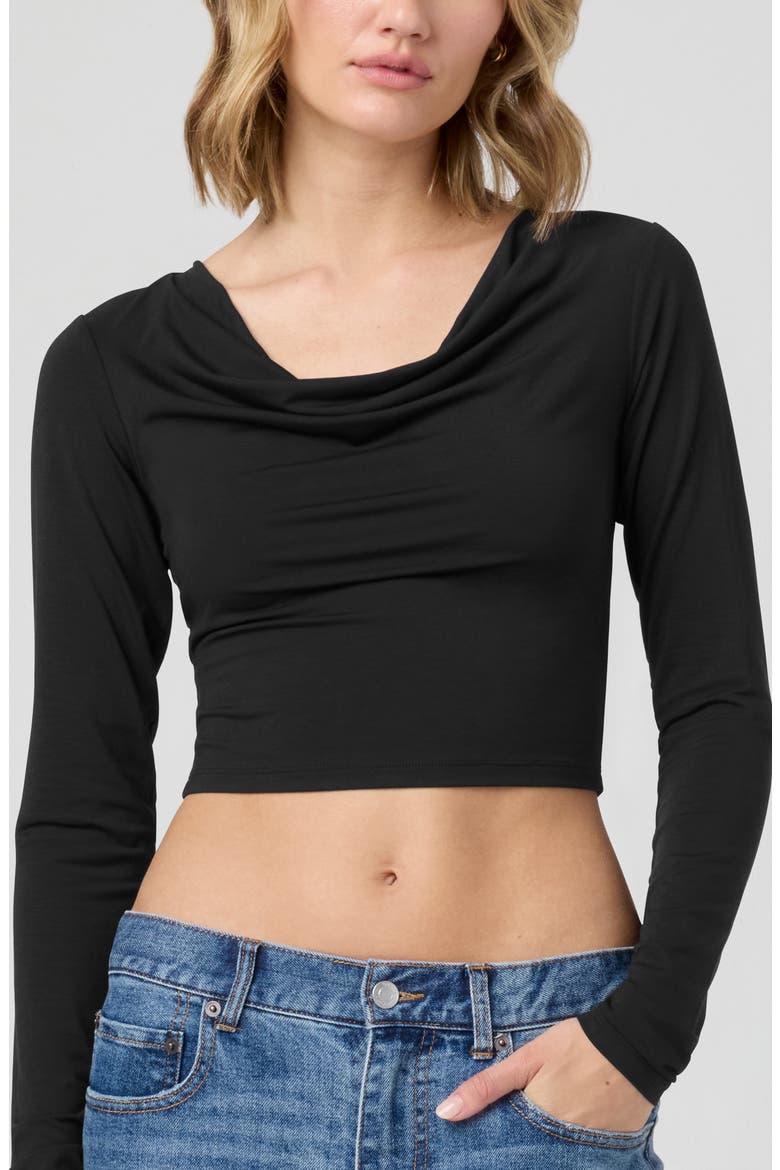 Cowl Neck Long Sleeve Crop Top, Alternate, color, BLACK