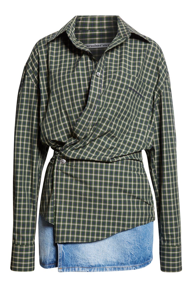 Long Sleeve Check & Denim Wrap Dress, Alternate, color, GREEN/ NAVY