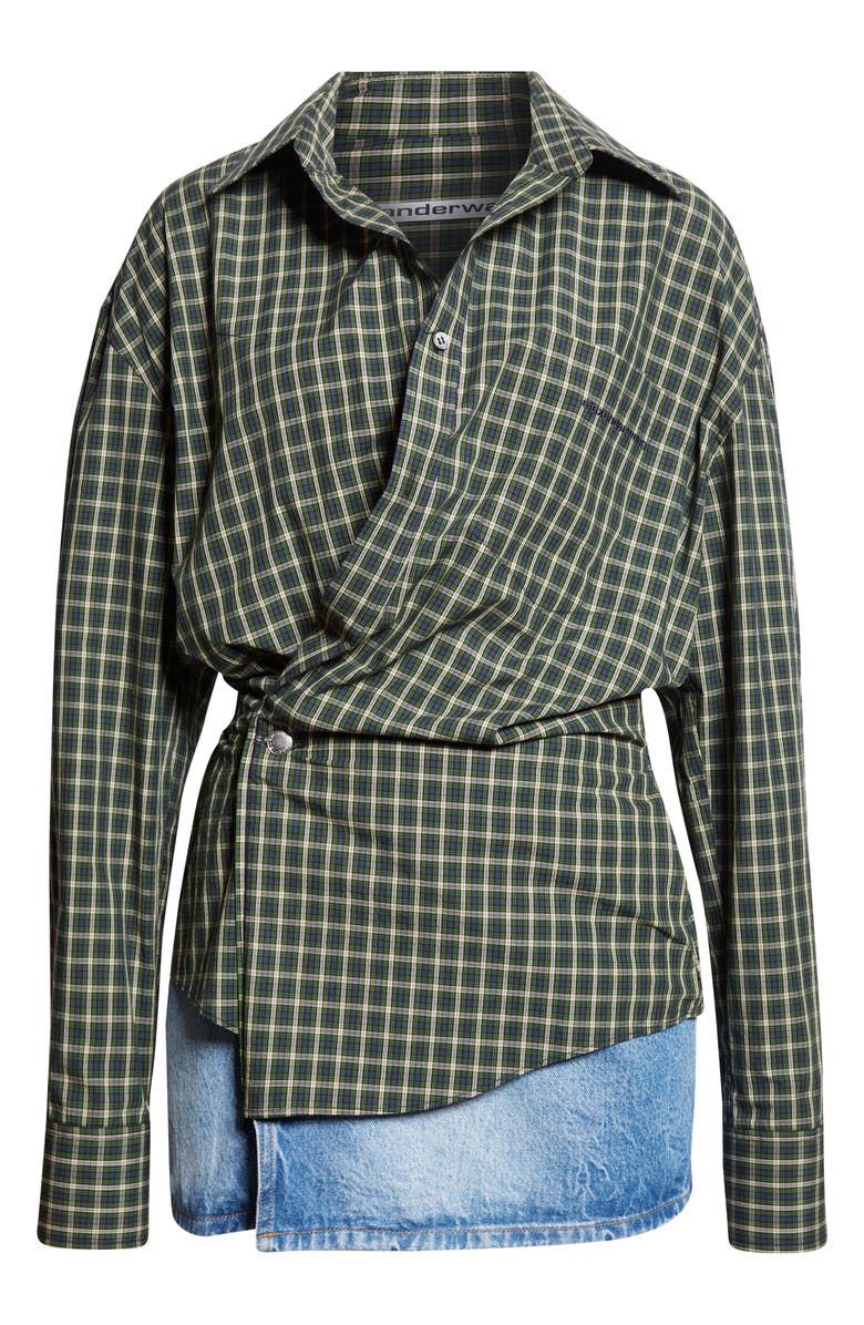 Alexander Wang Long Sleeve Check & Denim Wrap Dress, Alternate, color, Green/ Navy