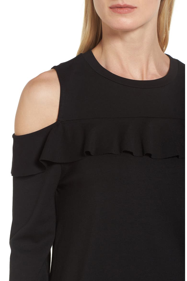 Ruffle Front Cold Shoulder Sweatshirt, Alternate, color, BLACK
