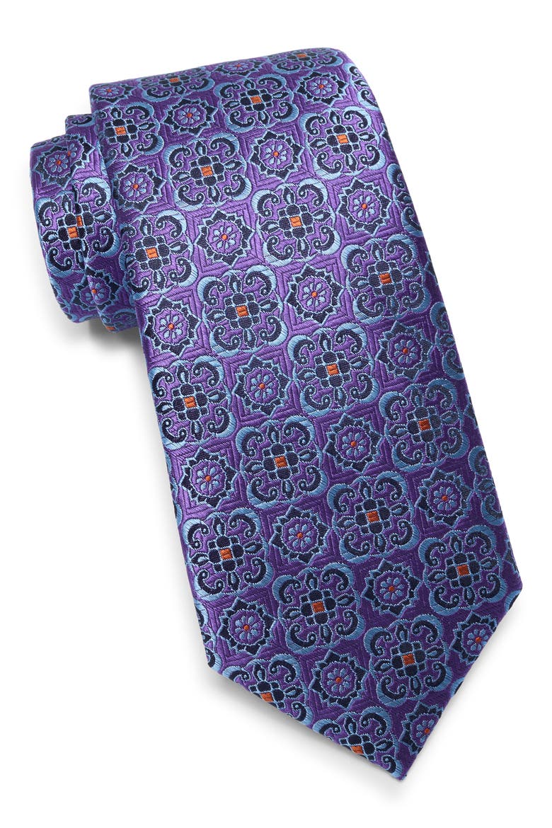 Adelaide Float Medallion Silk Blend Tie, Main, color, PURPLE