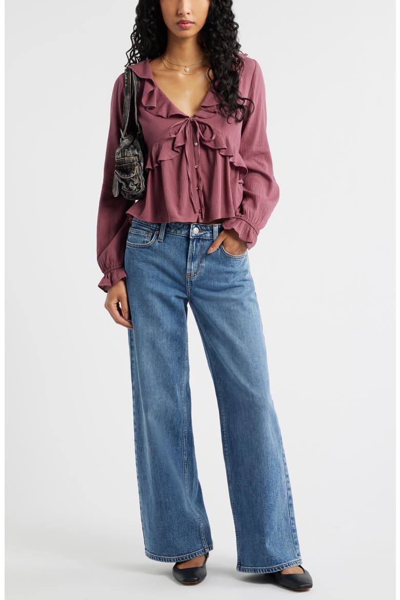 Ruffle Tie Neck Button-Up Shirt, Alternate, color, BURGUNDY SHADE