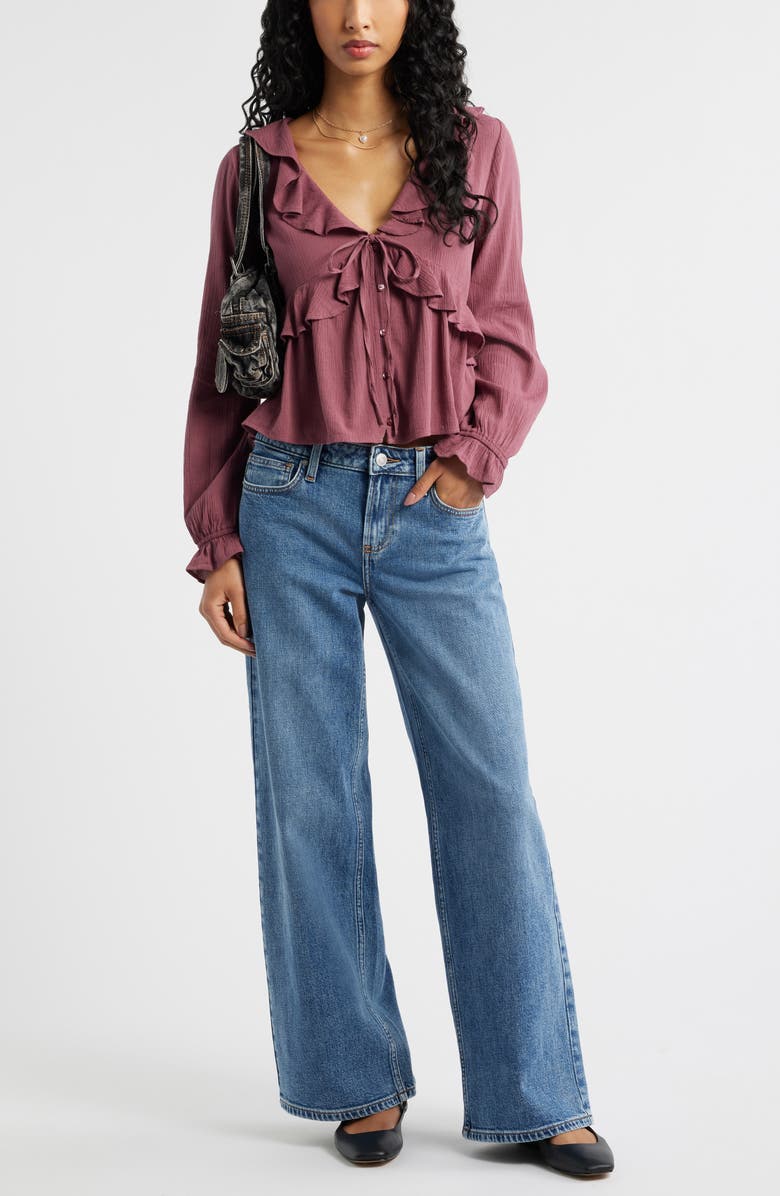 BP. Ruffle Tie Neck Button-Up Shirt, Alternate, color, Burgundy Shade