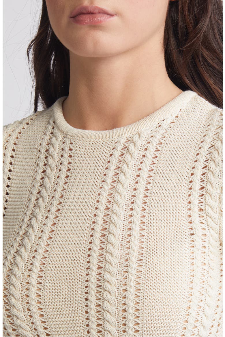 Nora Cable Detail Short Sleeve Cotton Blend Sweater, Alternate, color, BIRCH
