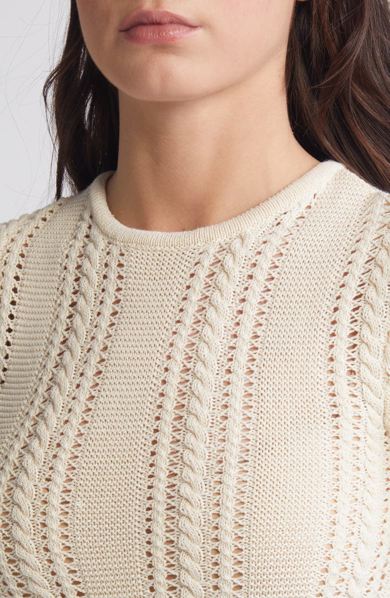 VERO MODA Nora Cable Detail Short Sleeve Cotton Blend Sweater, Alternate, color, Birch