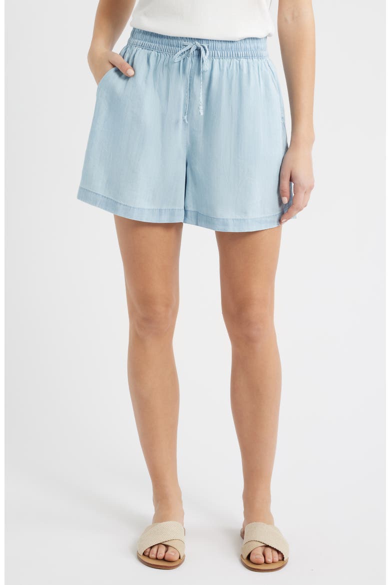 Toney Tie Waist Chambray Shorts, Main, color, BLEACH WASH