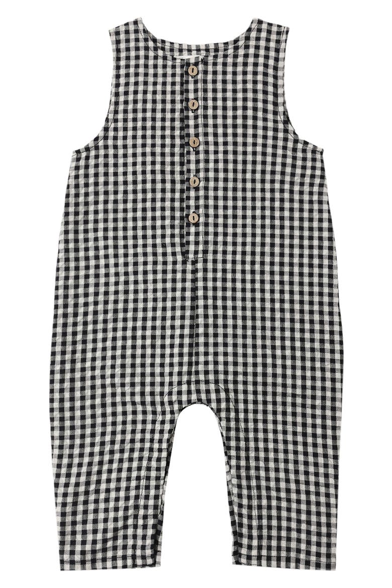 Gingham Cotton Blend Romper, Main, color, BLACK