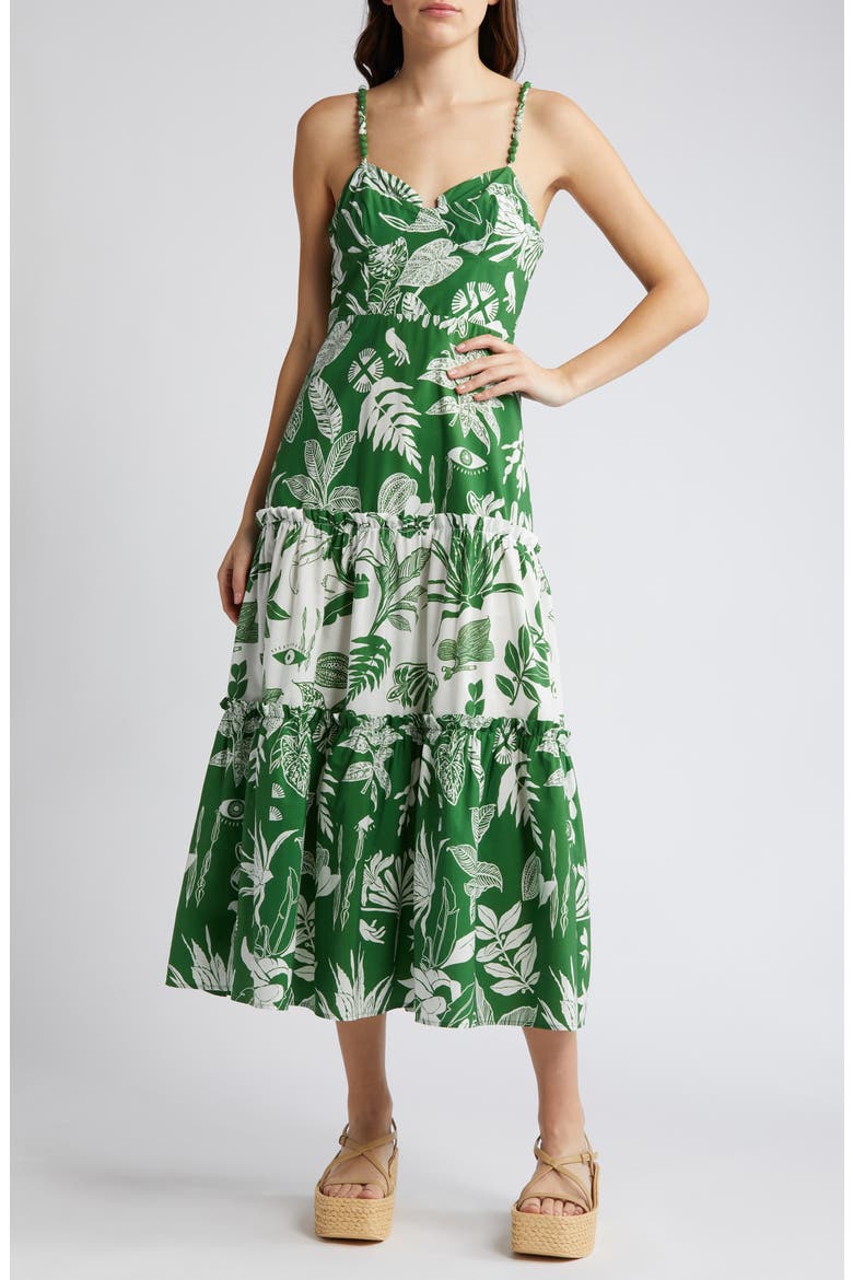 Forest Soul Sleeveless Tiered Ruffle Midi Dress, Main, color, FOREST SOUL OFF-WHITE/GREEN