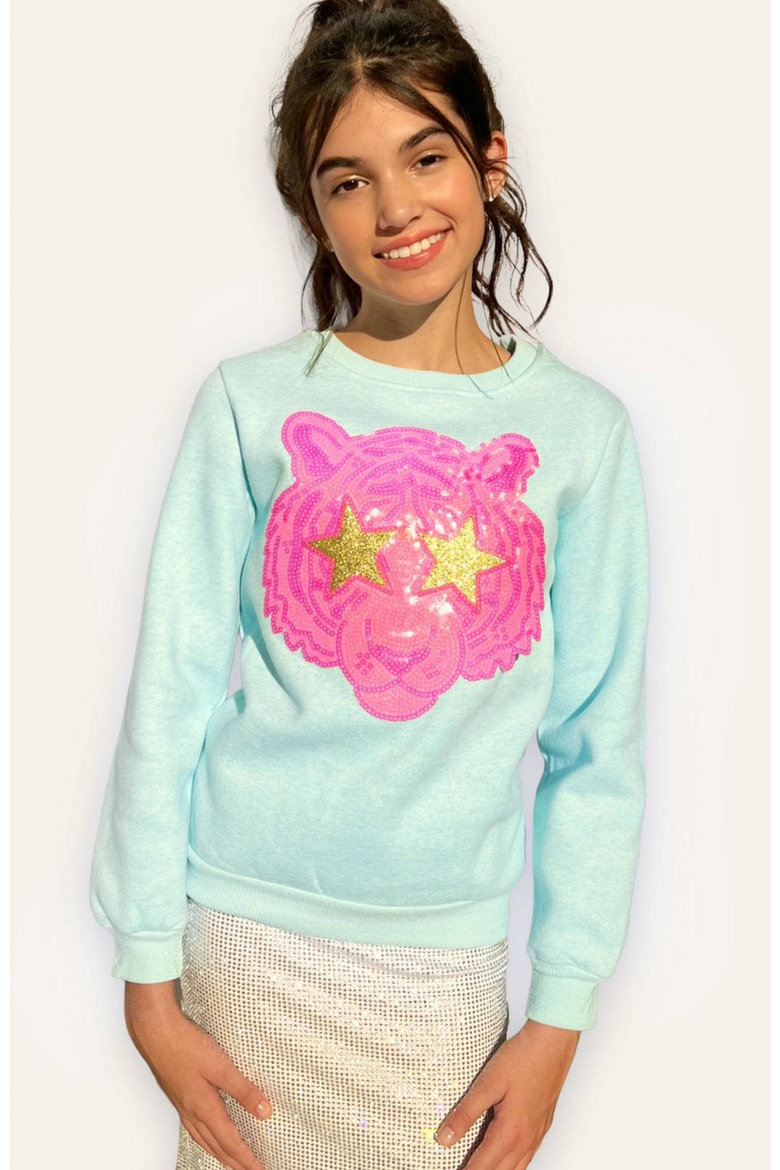 Neon Sequin Tiger Sweatshirt, Alternate, color, Blue-Green