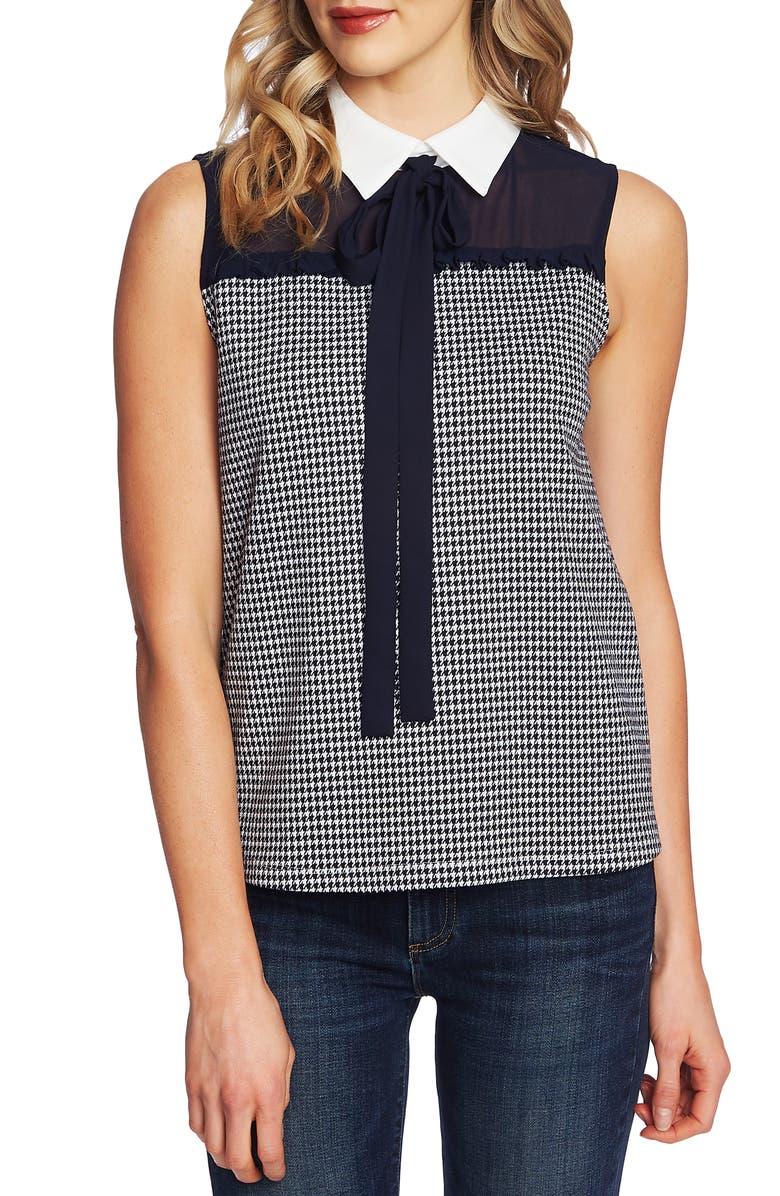 CeCe Houndstooth Bow Neck Collared Blouse, Main, color,