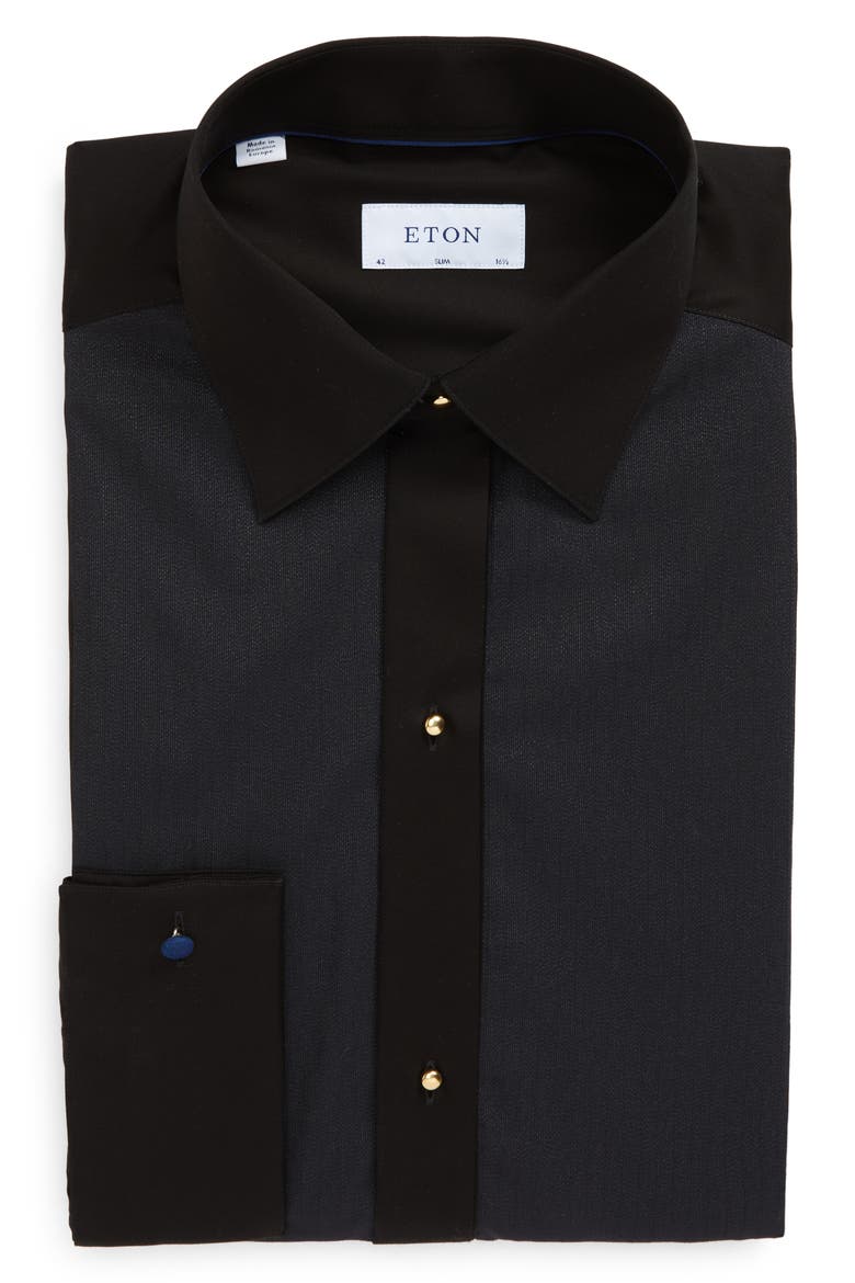 Slim Fit Metallic Piqué Tuxedo Dress Shirt, Main, color, BLACK