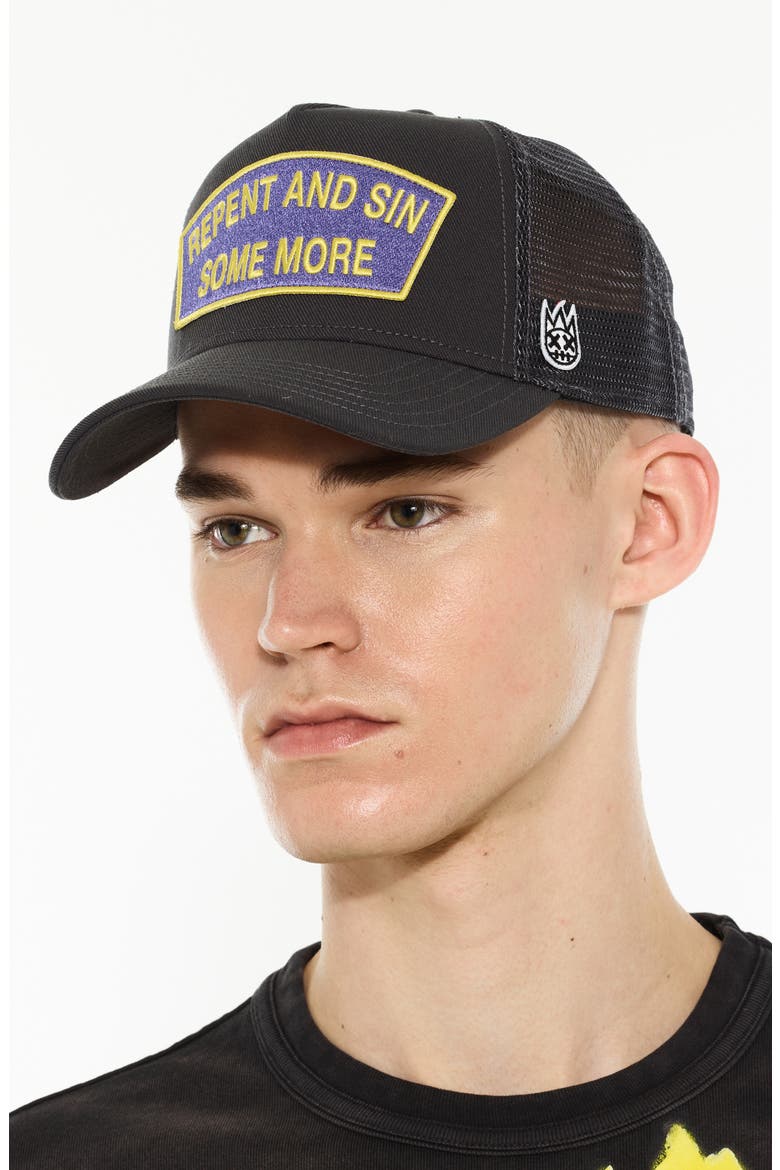 Repent & Sin Mesh Back Trucker Hat, Alternate, color, FORGED IRON