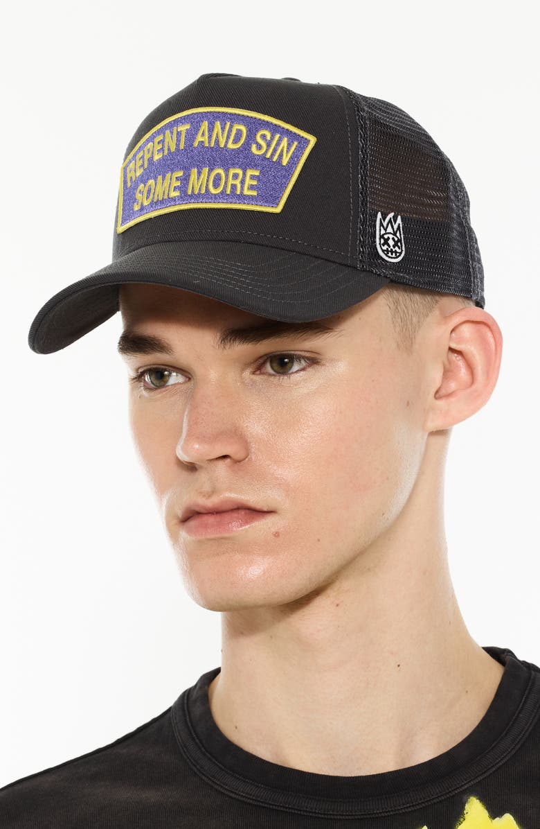 Cult of Individuality Repent & Sin Mesh Back Trucker Hat, Alternate, color, Forged Iron