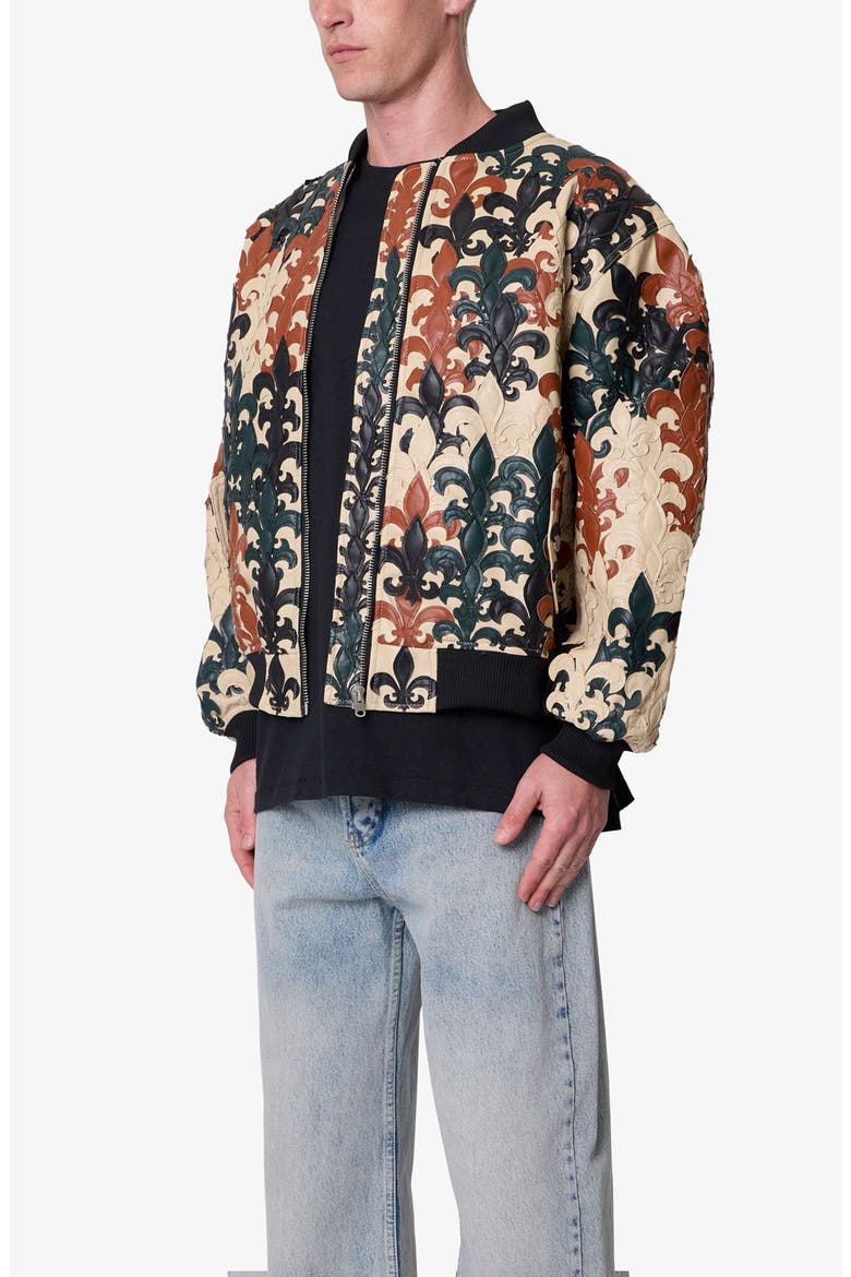 Fleur de Lis Faux Leather Bomber Jacket, Alternate, color, BEIGE MULTI