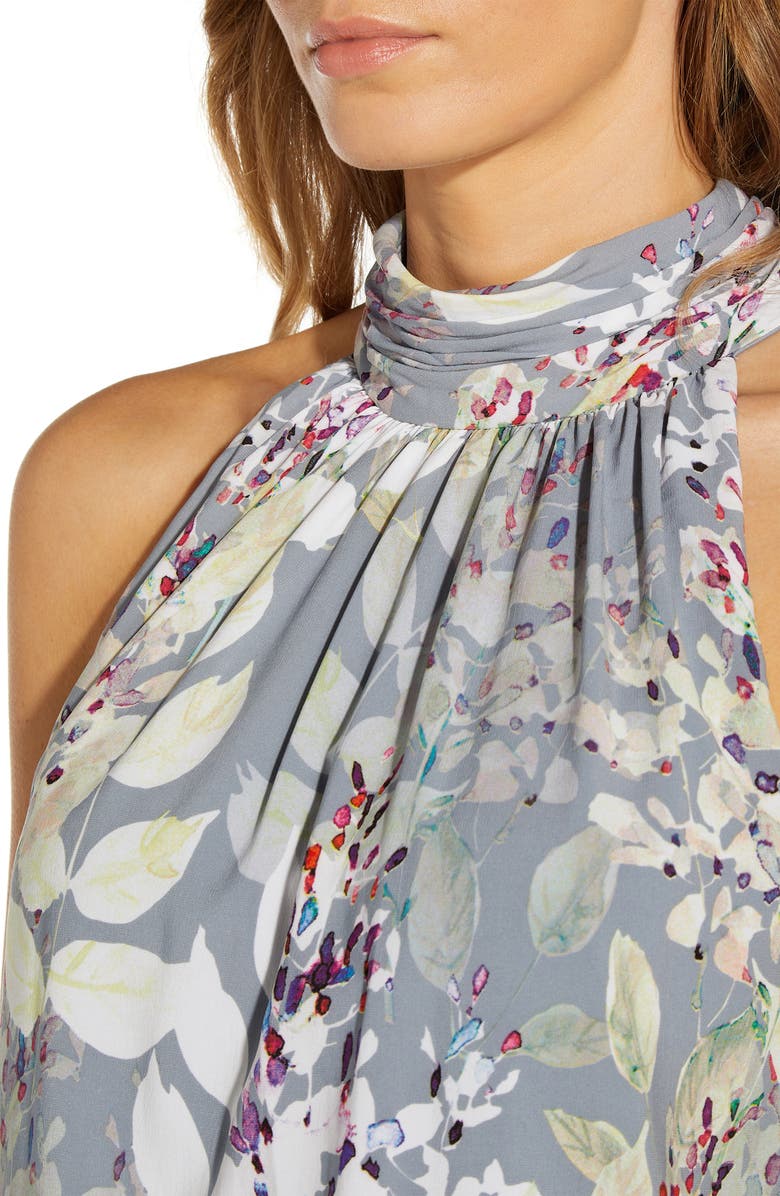 Adrianna Papell Watercolor Floral Halter Neck Chiffon Midi Dress, Alternate, color, 