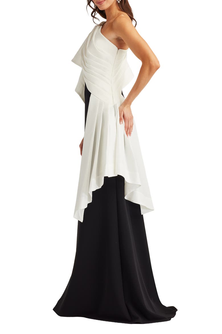 Draped One-Shoulder Mixed Media Gown, Alternate, color, WHITE/ BLACK